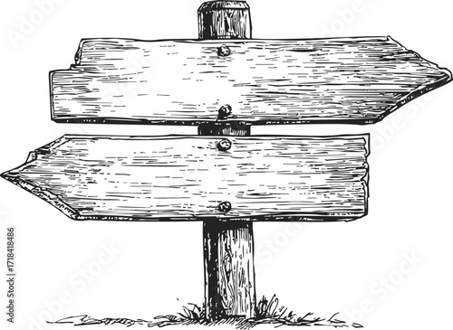 Wooden signpost sketch, hand drawn rustic arrows on post, blank directional sign — stock vector