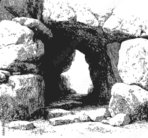 Stone bridge cave entrance sketch, hand drawn rocky archway with natural details — stock vector