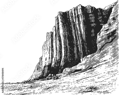 Cliff face sketch hand drawn rugged rock formation with textured ground — stock vector