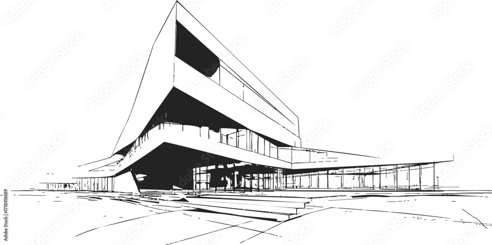 Fototapeta premium Modern building sketch, hand drawn vector, angular architecture with large glass windows — stock vector