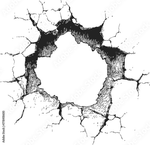 Cracked wall sketch, hand drawn vector, large central hole with detailed broken edges — stock vector
