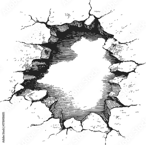 Cracked wall sketch, hand drawn style with broken surface and jagged edges — stock vector