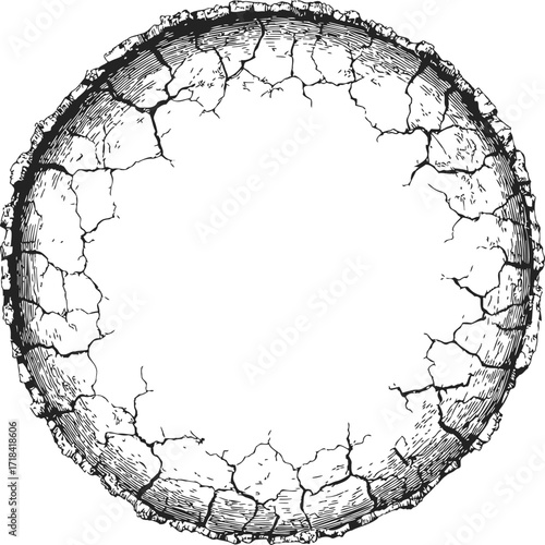 Cracked circle sketch, hand drawn round frame with rough broken texture — stock vector