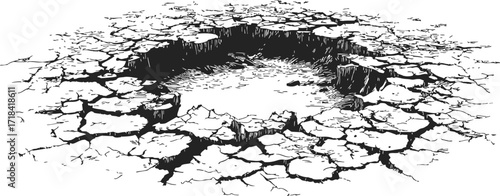 Crater sketch hand drawn style with cracked dry earth surface — stock vector