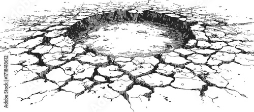 Crater on cracked earth sketch, hand drawn dry ground texture — stock vector