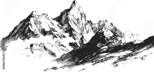 Mountains sketch hand drawn rugged peaks with hatching and shadow — stock vector