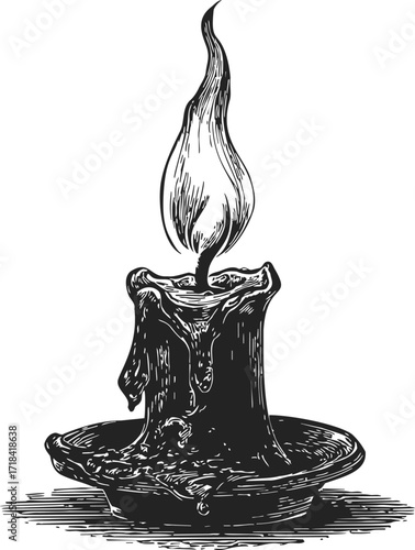 Candle sketch hand drawn with melting wax and burning flame in holder — stock vector