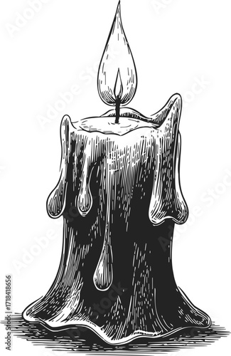 Candle sketch hand drawn with melting wax and burning flame — stock vector