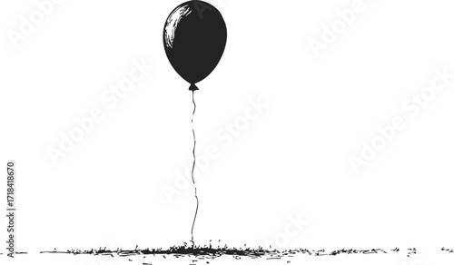 Black balloon sketch, hand drawn style, floating above grass, minimalistic scene — stock vector
