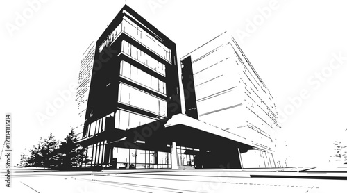 Modern office building sketch, hand drawn, urban architecture with glass facade — stock vector
