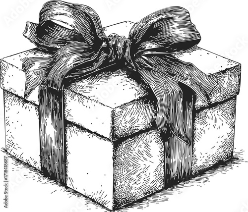 Gift box sketch hand drawn with large ribbon bow detailed line art — stock vector