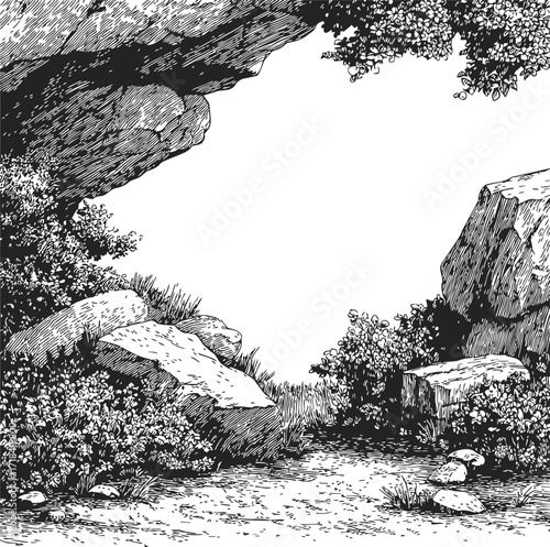 Rocky landscape sketch hand drawn with boulders, bushes, and overhanging cliff — stock vector