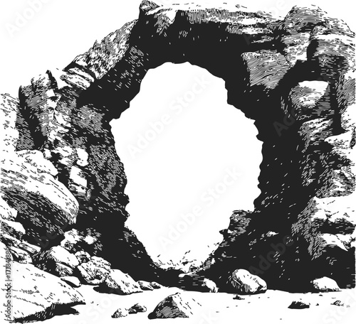 Natural arch sketch, hand drawn rocky stone formation with boulders and open sky — stock vector