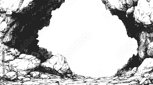 Cave entrance sketch, hand drawn rocky opening with detailed stone texture — stock vector