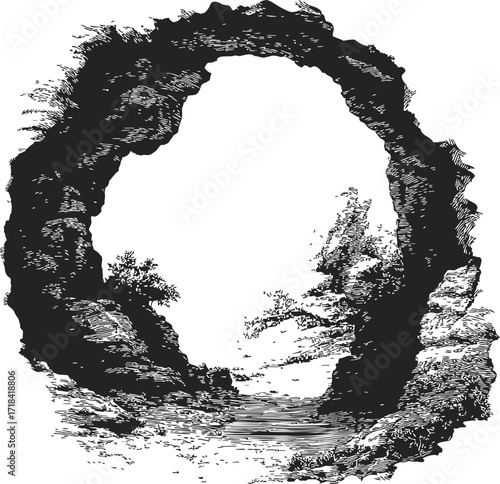 Natural arch sketch, hand drawn rocky landscape with vegetation — stock vector