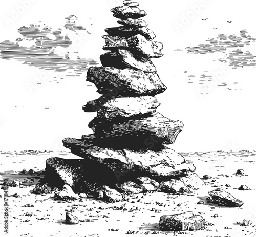Cairn sketch, hand drawn stone pile in barren landscape, detailed black and white illustration — stock vector