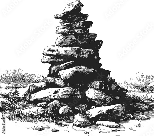 Rock cairn sketch, hand drawn stone pile in natural landscape — stock vector
