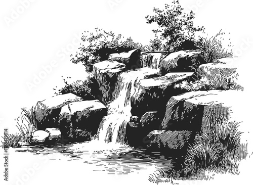 Waterfall sketch hand drawn with rocks, flowing water, and foliage — stock vector