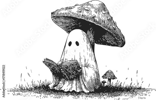 Ghost reading book under mushroom cap sketch, hand drawn fantasy scene — stock vector