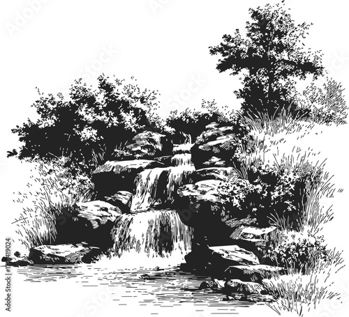 Waterfall sketch hand drawn with rocks, trees, and flowing stream in nature — stock vector