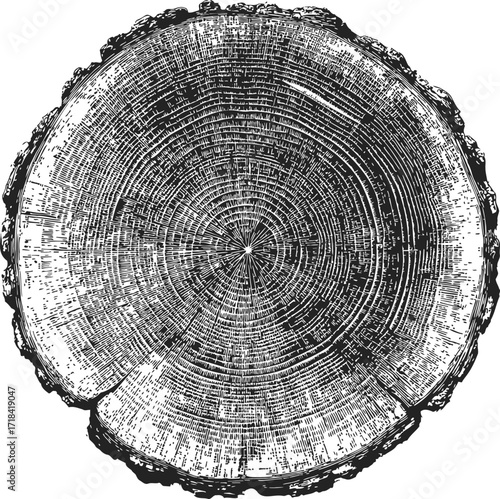 Tree trunk cross section sketch, hand drawn annual rings and bark texture — stock vector