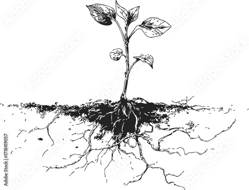 Plant root system sketch, hand drawn style, showing underground roots and young shoot — stock vector