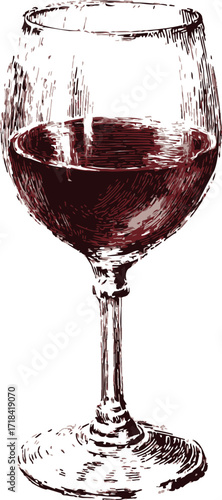 Wine glass sketch hand drawn with red wine detailed engraving — stock vector