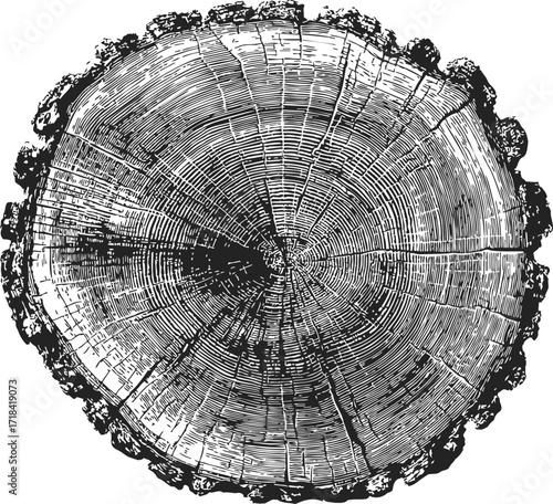 Tree trunk cross section sketch, hand drawn annual rings and rough bark — stock vector