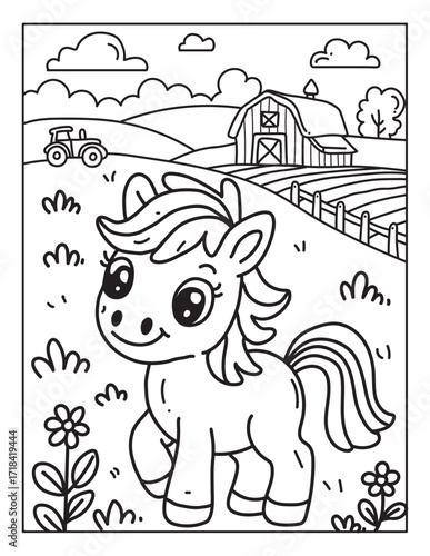 Happy Farm Animal Coloring Book, Cute Cows by the Barnyard, Playful Goats on the Farm, Little Ponies with Big Smiles, Peaceful Countryside Scenes, Fun & Easy Coloring for Kids , line art vector 