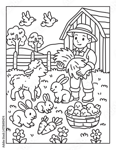 Happy Farm Animal Coloring Book, Cute Cows by the Barnyard, Playful Goats on the Farm, Little Ponies with Big Smiles, Peaceful Countryside Scenes, Fun & Easy Coloring for Kids , line art vector 