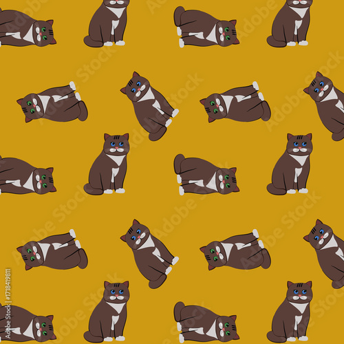 Seamless pattern with chocolate brown funny cat