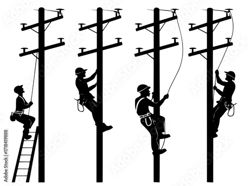 Sequential Work Silhouettes
Series of six vertical utility poles with workers in safety harnesses, each in a different action—ascending, working on crossbeams, using tools—rendered as bold black silho
