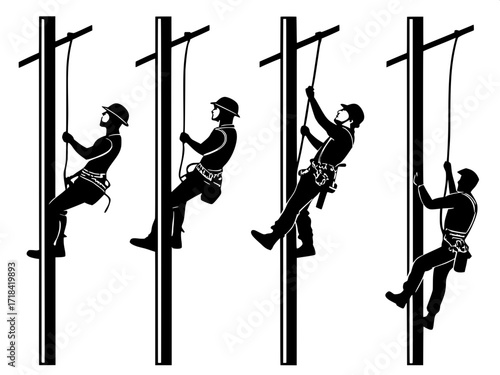Sequential Work Silhouettes
Series of six vertical utility poles with workers in safety harnesses, each in a different action—ascending, working on crossbeams, using tools—rendered as bold black silho