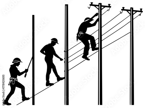 Instructional Graphic
A professional, simplified technical drawing of six utility workers on separate poles, shown in progression of movement, minimal detail, stark black shapes on white, symmetrical 