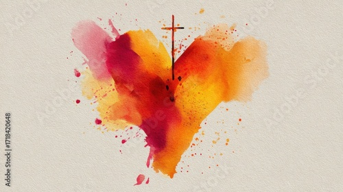 Vibrant watercolor heart with cross symbol spreading warm spiritual love.