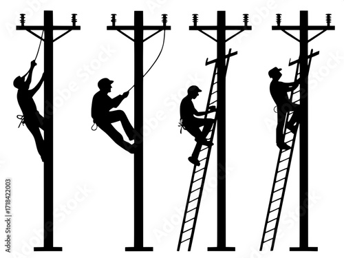 Silhouette Work Progression
Six black silhouettes of utility poles lined up symmetrically, with workers in different positions—climbing, reaching, repairing—arranged in a clean, sequential graphic sty