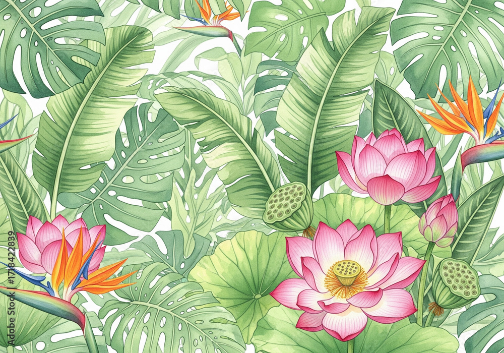 Obraz premium Watercolor Tropical Floral Pattern Monstera, Banana Leaves, Lotus Flowers, Bird of Paradise, Nature, Botanical Background