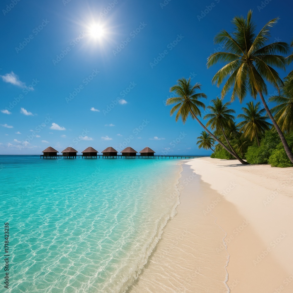 Naklejka premium Turquoise lagoon and powder sand beach on tropical atoll with overwater villas and palm shade crystal clear shallows perfect travel destination under sunny sky