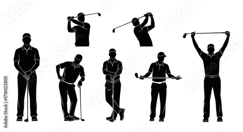 Collection of Golf Silhouettes Showcasing Various Poses and Actions of Golfers with Clubs