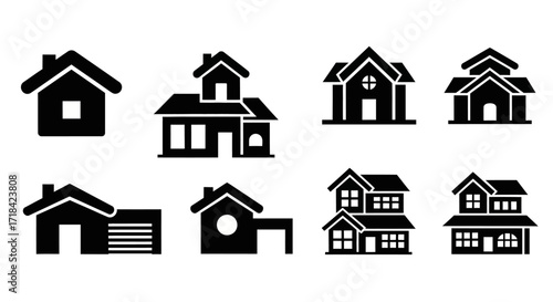 Black House Icon Set Variety for Web and Graphic Design, Featuring Diverse Architectural Styles