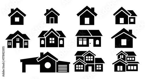 A versatile collection of black house icons and home symbols, representing various residential properties for real estate graphic design