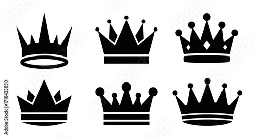 Collection of various black crown silhouettes in a vector graphic set. Royal symbols and icons for monarchy and regal design elements