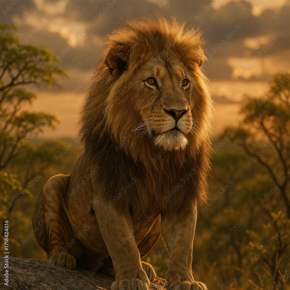 Obraz premium Regal male lion on sunlit kopje rock framed by acacia trees savannah backdrop wildlife portrait with piercing amber eyes and windswept mane