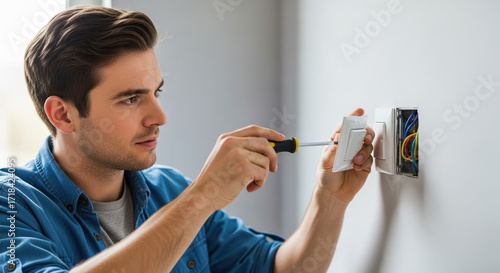 Electrician installing electrical switch in wall.  Professional handyman carefully works with electrical equipment.  Home renovation project involves replacing old switches.