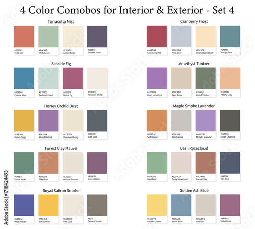 Interior and Exterior 4 Color Combination Palettes Set 4 - 10 Combos 3d for Halls, Rooms, Walls - with HEX Codes and Names, Colour Palette, Schemes