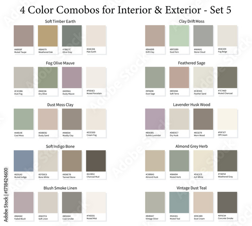 Interior and Exterior 4 Color Combination Palettes Set 5 - 10 Combos 3d for Rooms, Walls - with HEX Codes and Names, Colour Palette, Schemes