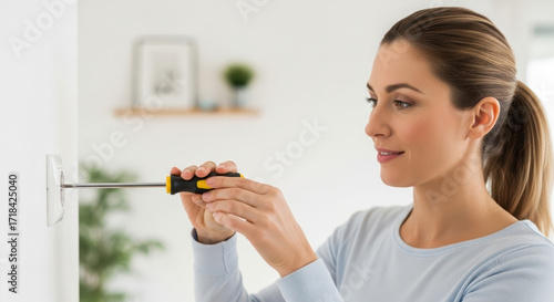 Woman installing light switch using screwdriver. Home improvement project involves electrical work and careful installation of wall switch.  DIY home renovation concept for bloggers and websites.