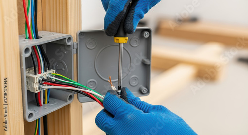 Electrician installing electrical box in new home construction. Electrician working with wires and electrical components. Installing electrical box is crucial part of new home building process.