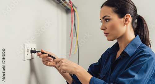 Woman electrician installing electrical outlet in new home. Skilled female professional working with electrical wiring and tools.