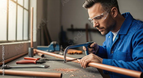 Plumber cutting copper pipe in workshop. Skilled craftsman carefully saws copper tube using hacksaw.  Professional plumber at work using tools for pipe repair.